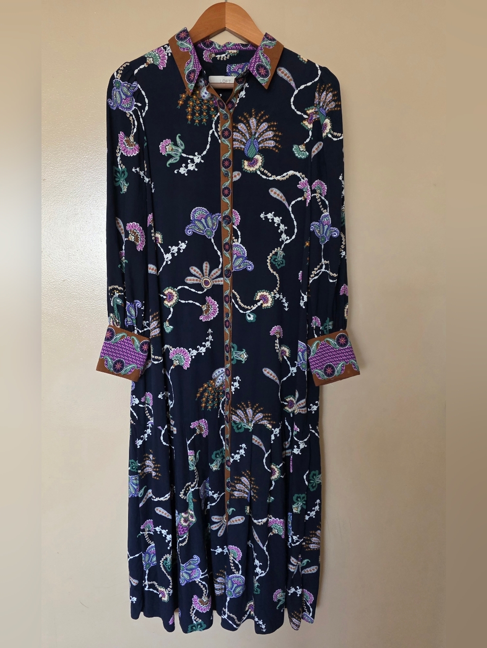 LOFT Peacock Floral Paisley Maxi Shirt Dress 10  Button Front Boho Chic Artsy